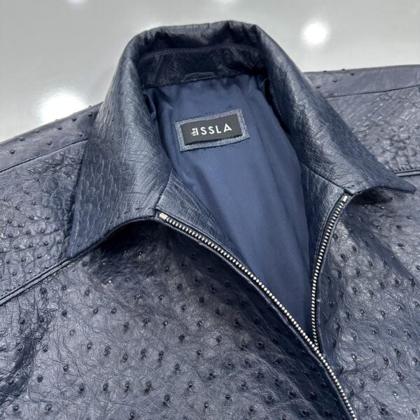 Genuine Ostrich Quill Leather Men's Navy Blue Luxury Handmade Bomber Jacket