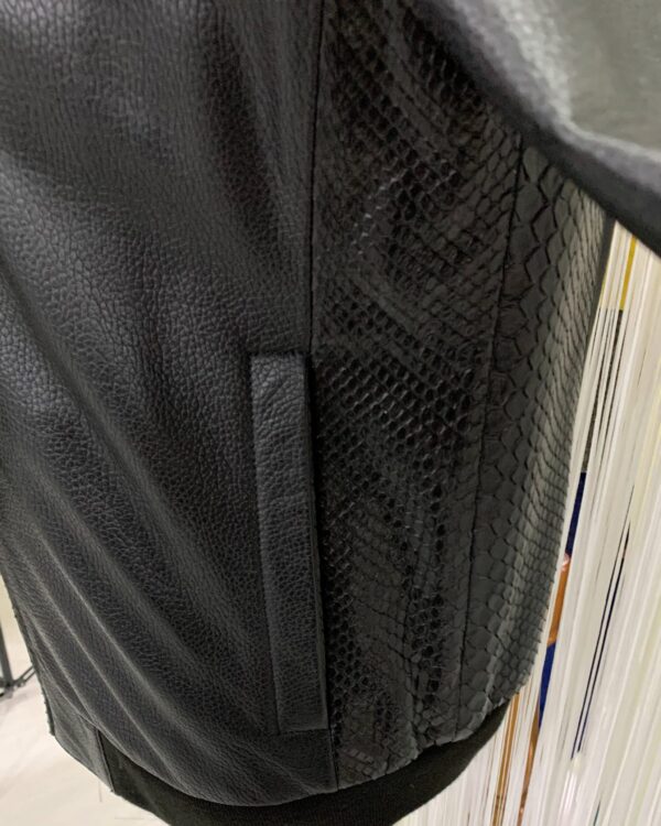 Men's Real Python Skin Trim Textured Genuine Leather Black Luxury Jacket