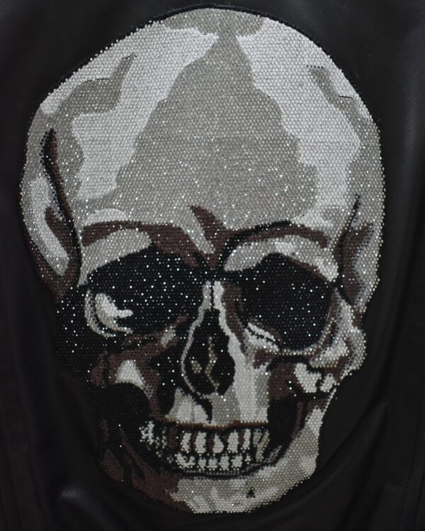 Crystal Printed Skull Men's Black Genuine Leather Bomber Jacket
