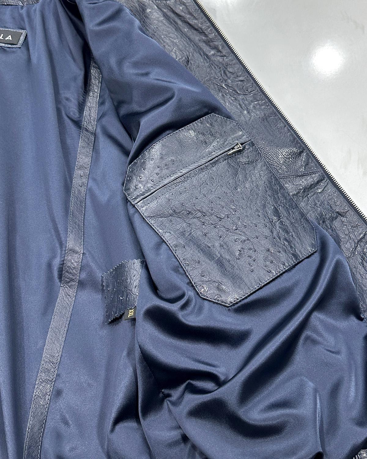 695e59c259f447123fa4f14e.jpg Genuine Ostrich Quill Leather Men's Navy Blue Luxury Handmade Bomber Jacket