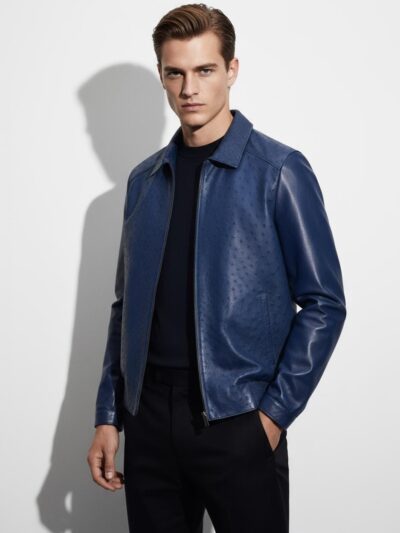 Men's Real Ostrich Leather With Genuine Lambskin Navy Blue Handmade Jacket