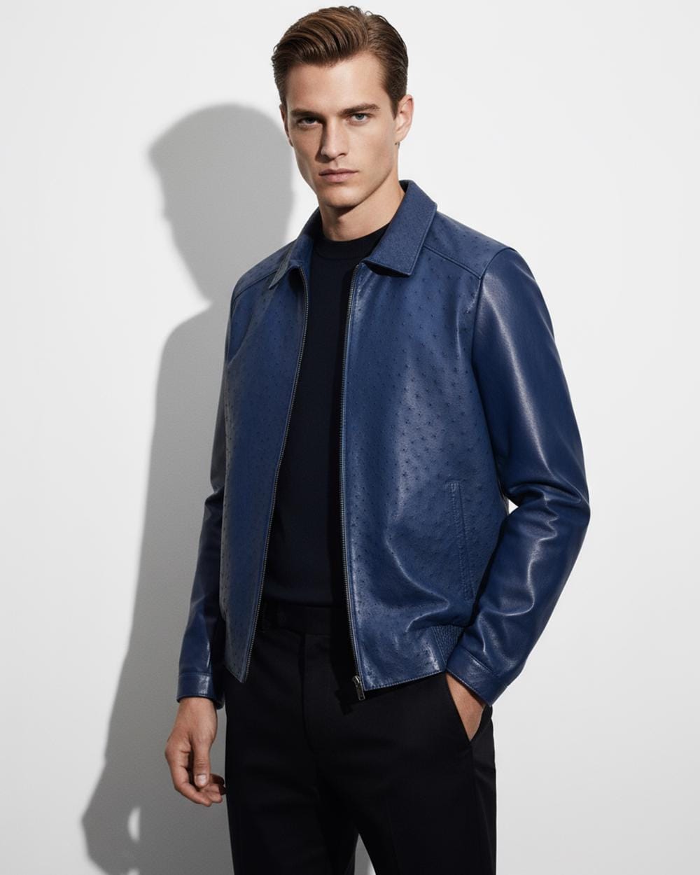 Men's Real Ostrich Leather With Genuine Lambskin Navy Blue Handmade Jacket