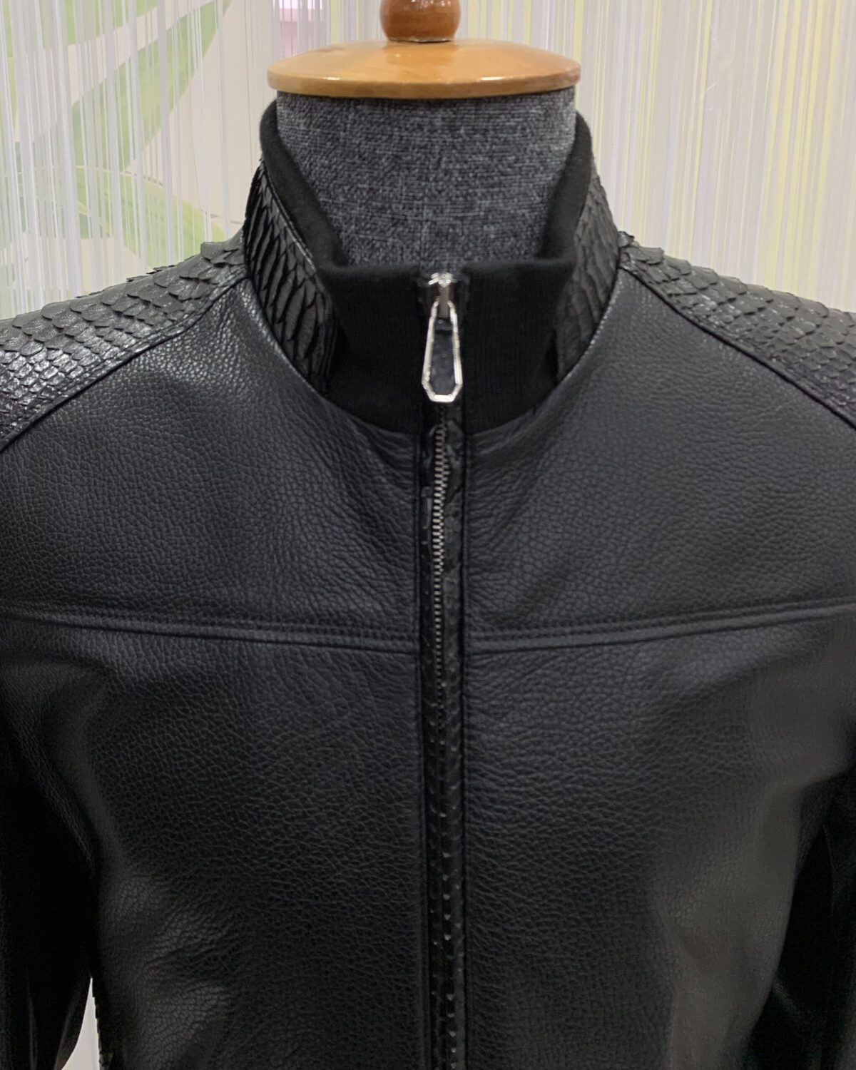 Men's Real Python Skin Trim Textured Genuine Leather Black Luxury Jacket