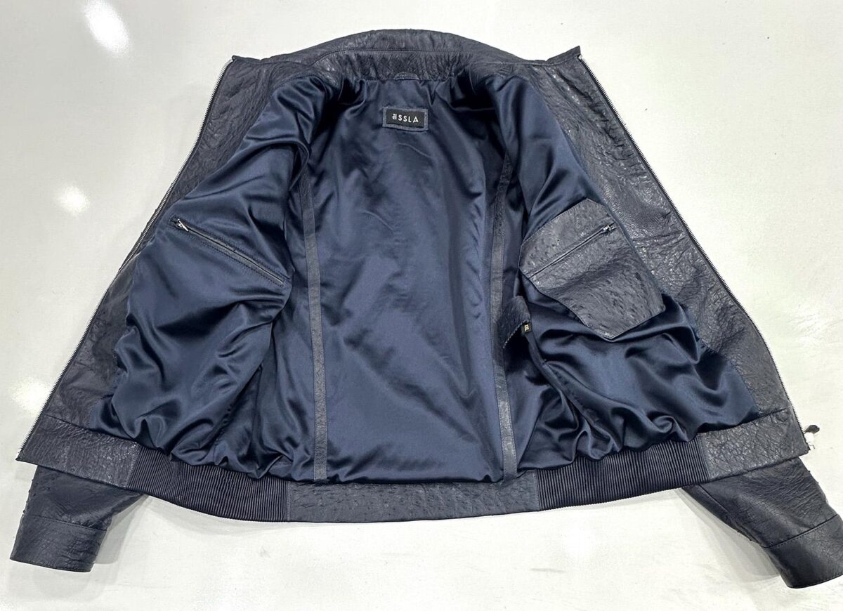 695e59c359f447123fa4f1ad.jpg Genuine Ostrich Quill Leather Men's Navy Blue Luxury Handmade Bomber Jacket