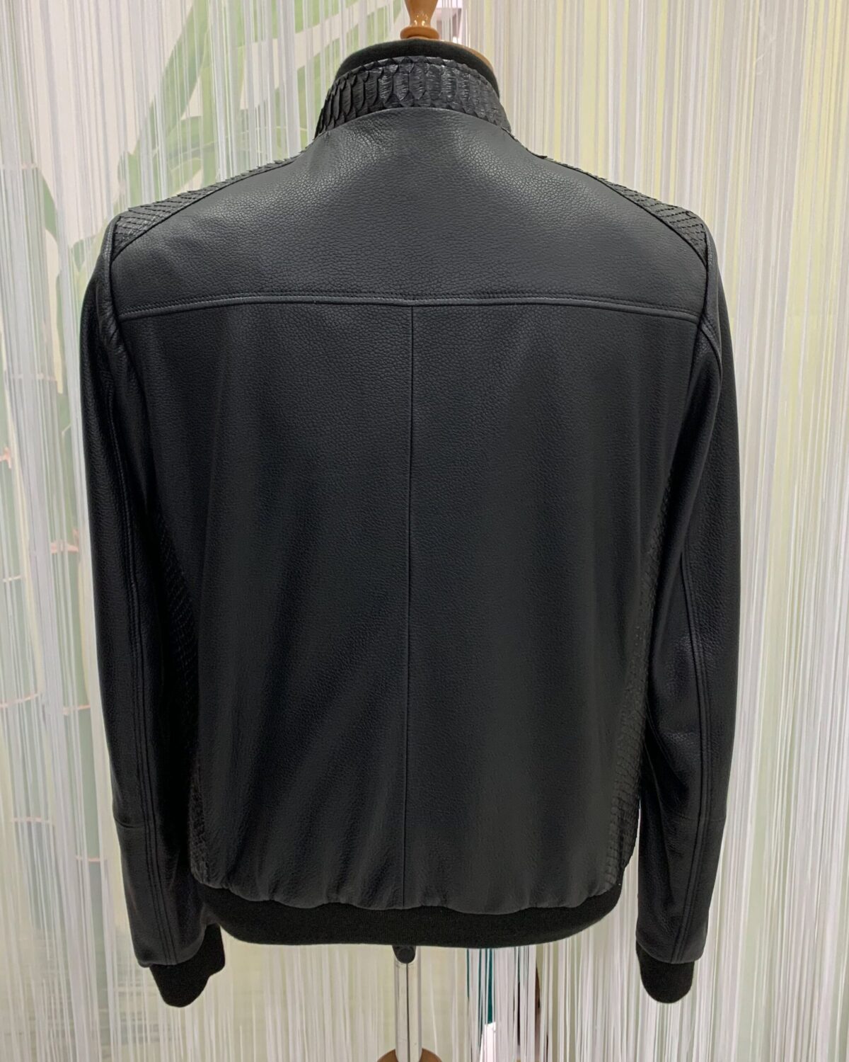 Men's Real Python Skin Trim Textured Genuine Leather Black Luxury Jacket