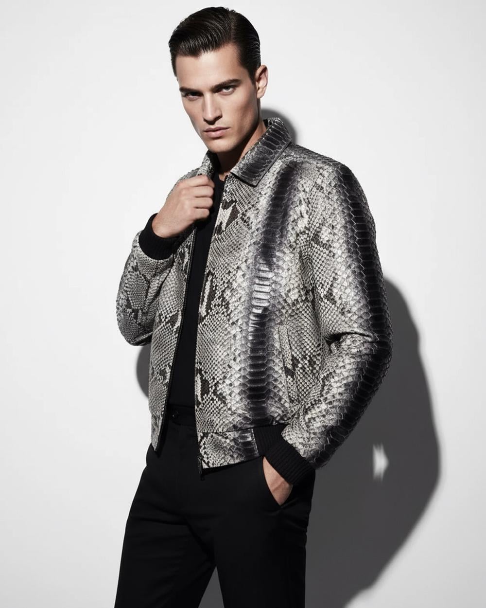 Handmade Python Leather Bomber Jacket: Men's Exotic Snake Skin