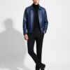 Men's Real Ostrich Leather With Genuine Lambskin Navy Blue Handmade Jacket