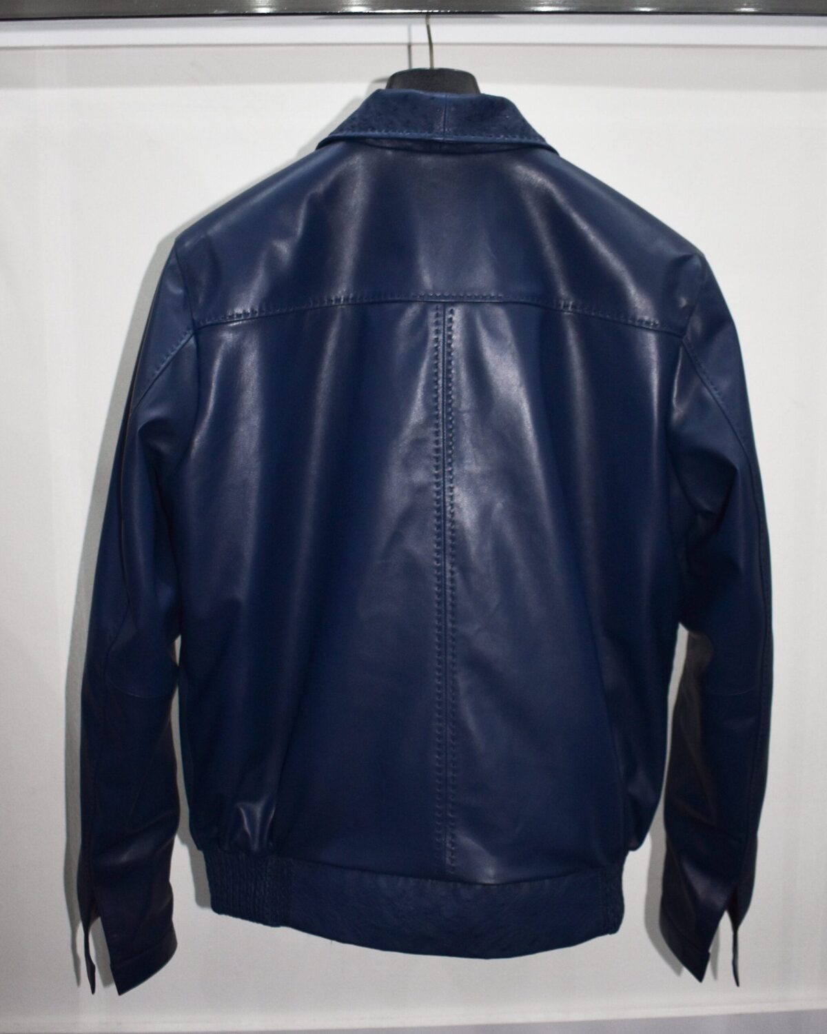 Men's Real Ostrich Leather With Genuine Lambskin Navy Blue Handmade Jacket
