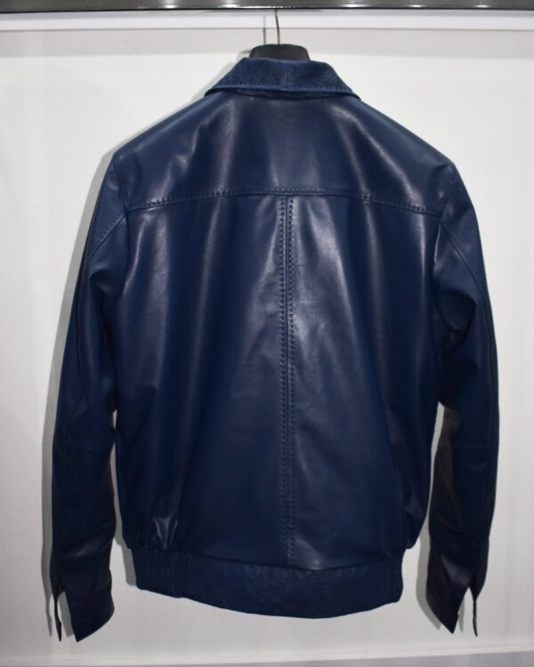 Men's Real Ostrich Leather With Genuine Lambskin Navy Blue Handmade Jacket