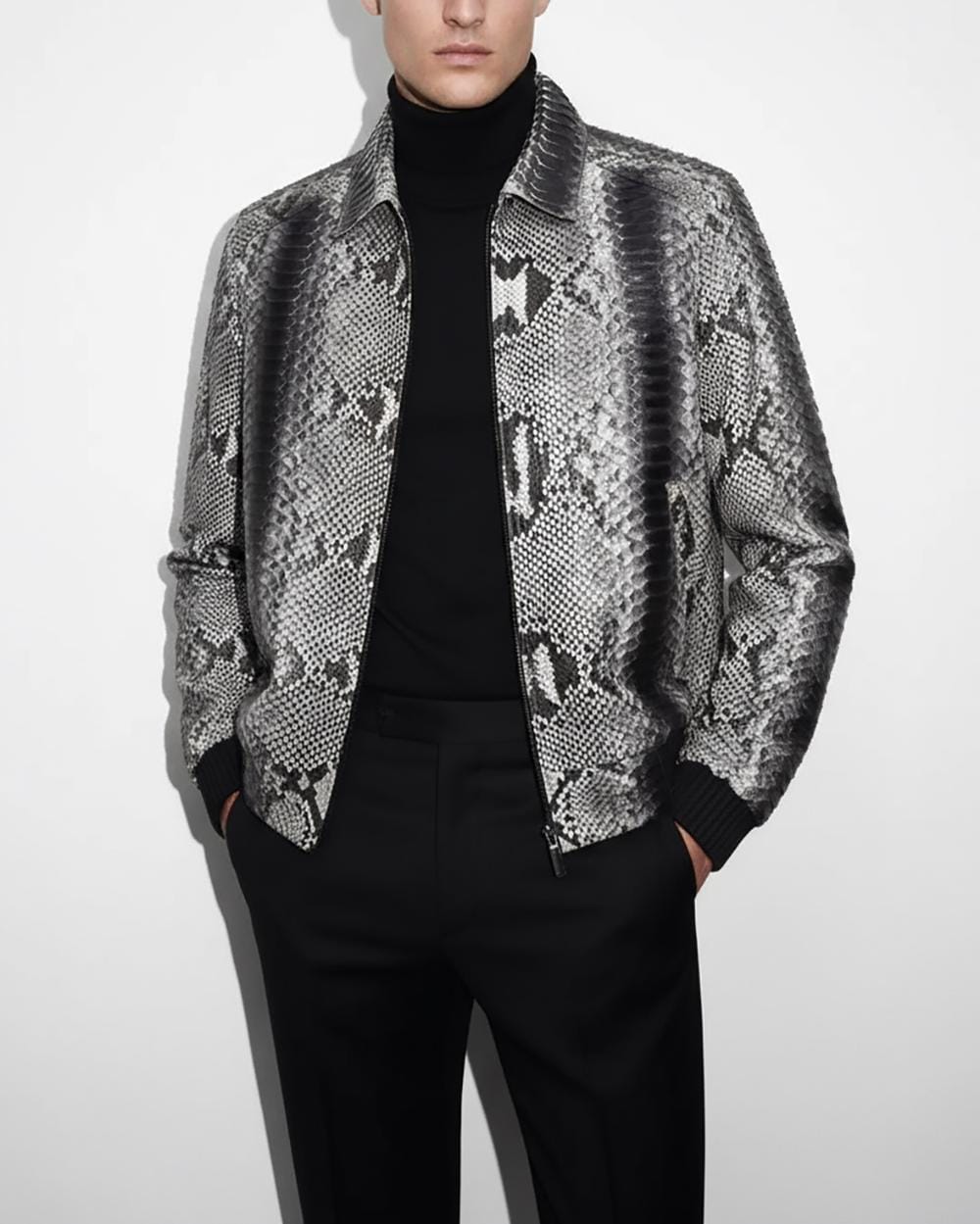 Handmade Python Leather Bomber Jacket: Men's Exotic Snake Skin