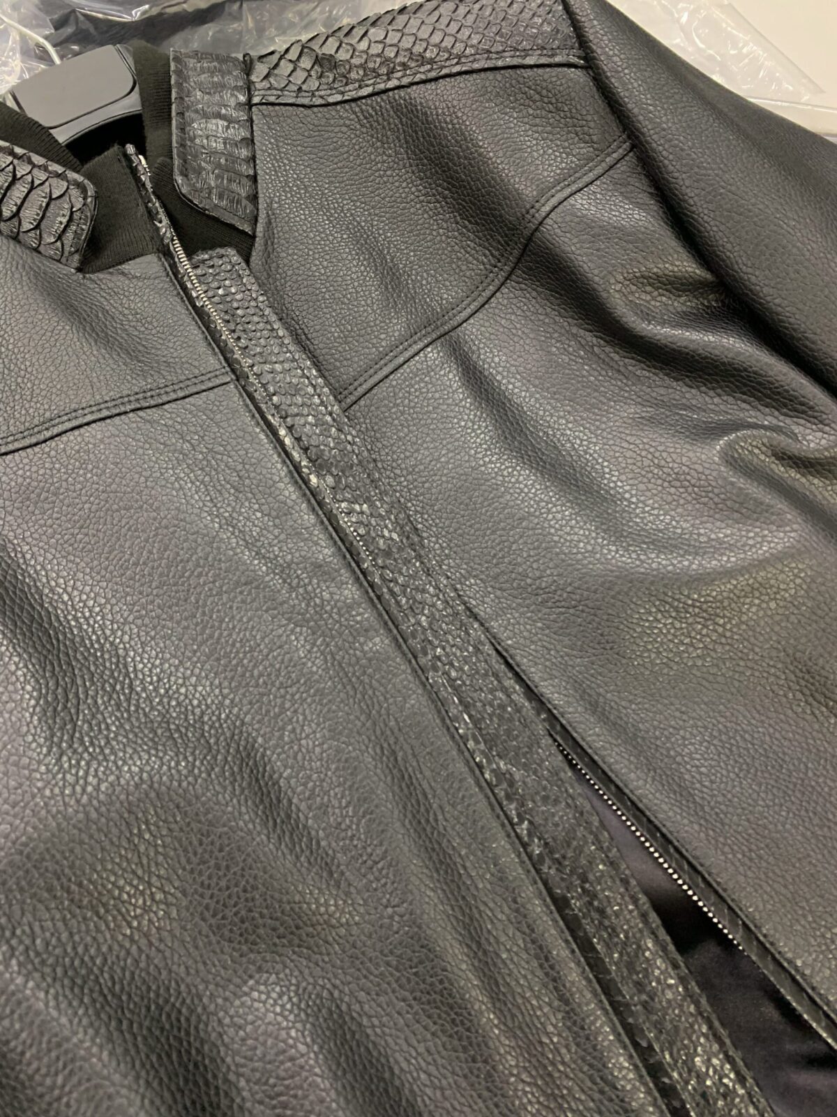 Men's Real Python Skin Trim Textured Genuine Leather Black Luxury Jacket