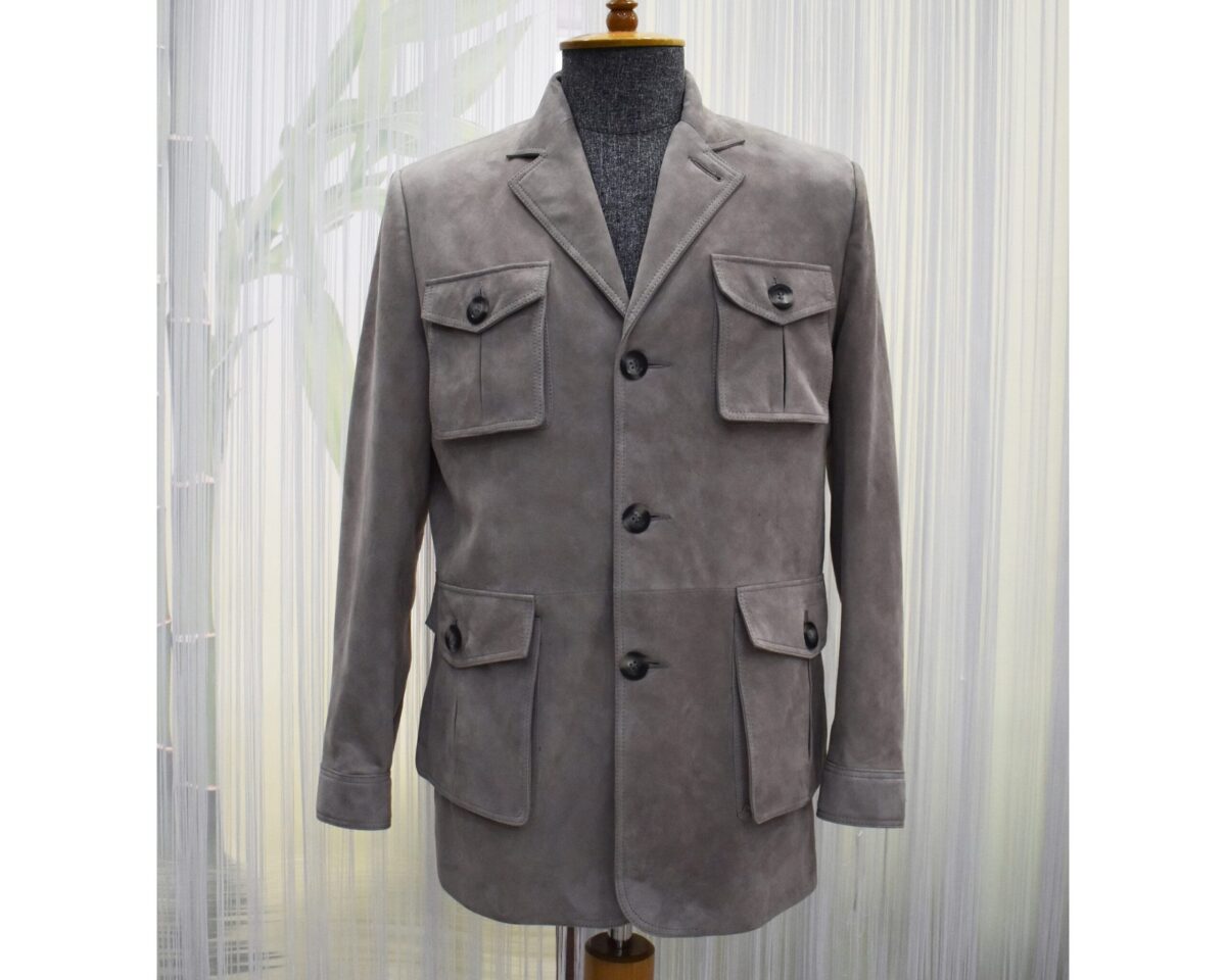 Handmade Suede Leather Safari Jacket - Men's Bespoke Gray Coat