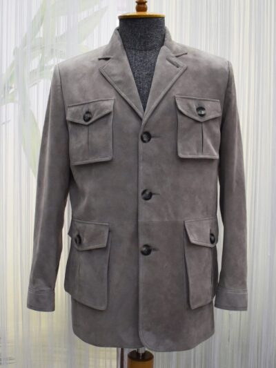 Handmade Suede Leather Safari Jacket - Men's Bespoke Gray Coat