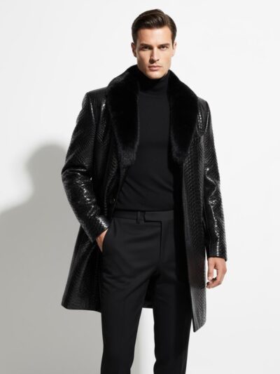 Genuine Python Leather Coat: Men's Black Navy Blue Mink Fur Collar