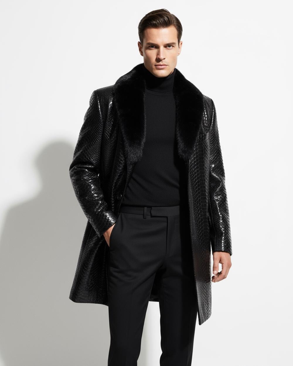695e59c859f447123fa4f2af.jpg Genuine Python Leather Coat: Men's Black Navy Blue Mink Fur Collar