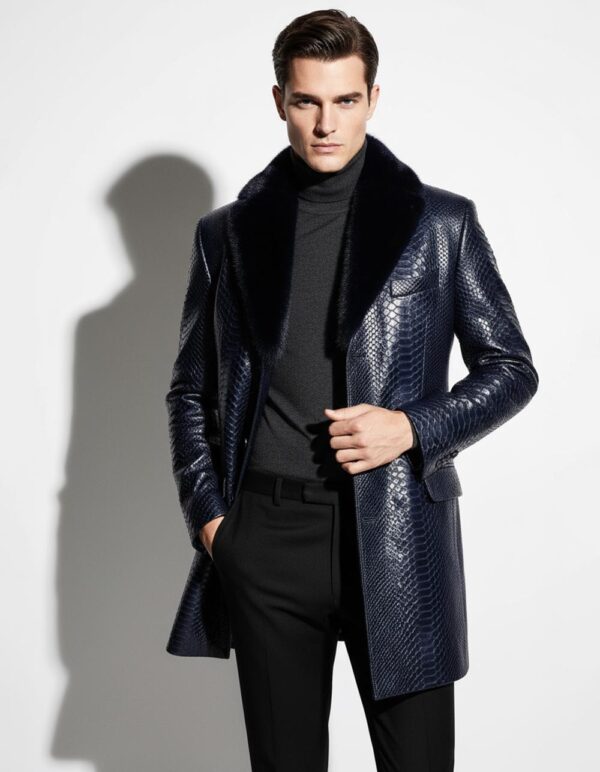 Genuine Python Leather Coat: Men's Black Navy Blue Mink Fur Collar