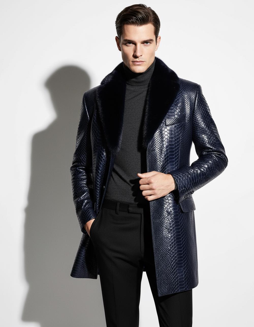 695e59c859f447123fa4f2bf.jpg Genuine Python Leather Coat: Men's Black Navy Blue Mink Fur Collar