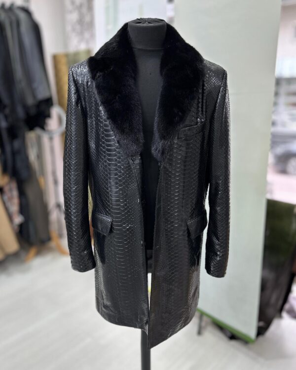 Genuine Python Leather Coat: Men's Black Navy Blue Mink Fur Collar