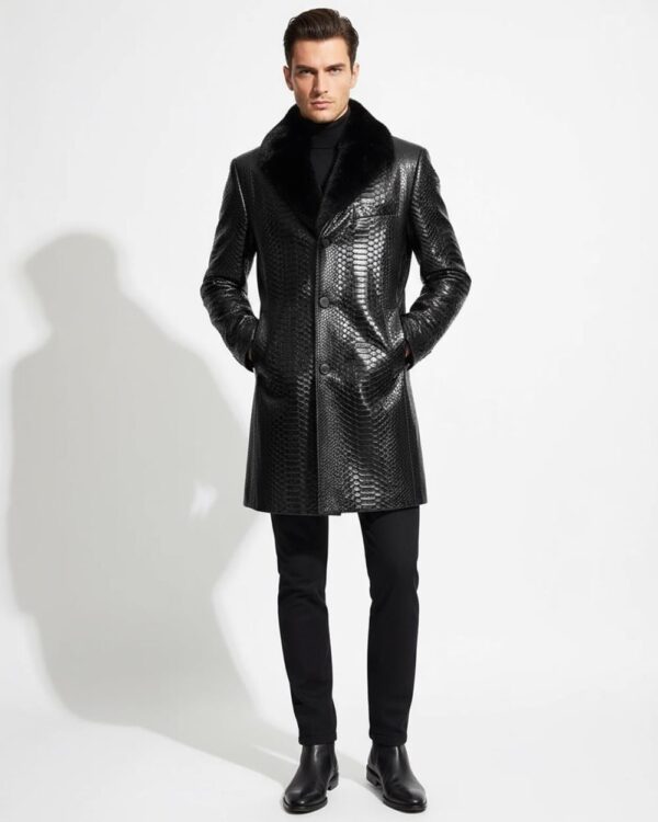 Genuine Python Leather Coat: Men's Black Navy Blue Mink Fur Collar