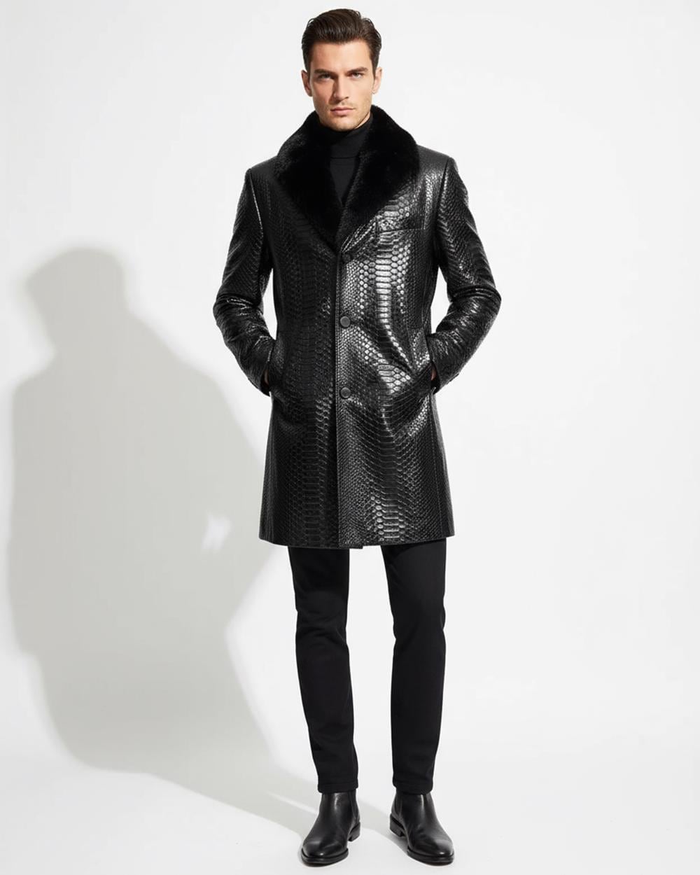 695e59cc59f447123fa4f682.jpg Genuine Python Leather Coat: Men's Black Navy Blue Mink Fur Collar