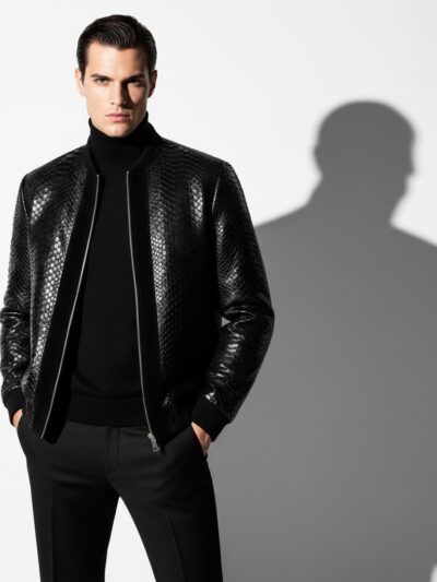 Men's Black Python Leather Suede Trim Exotic Snake Skin Luxury Handmade Jacket