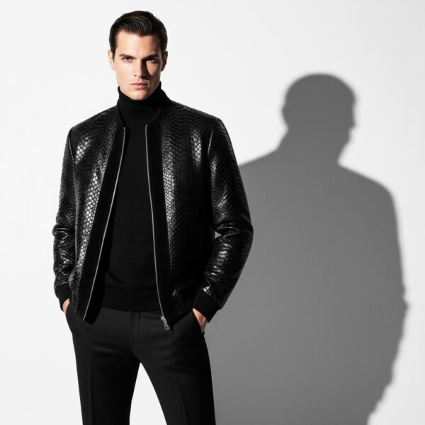 Men's Black Python Leather Suede Trim Exotic Snake Skin Luxury Handmade Jacket
