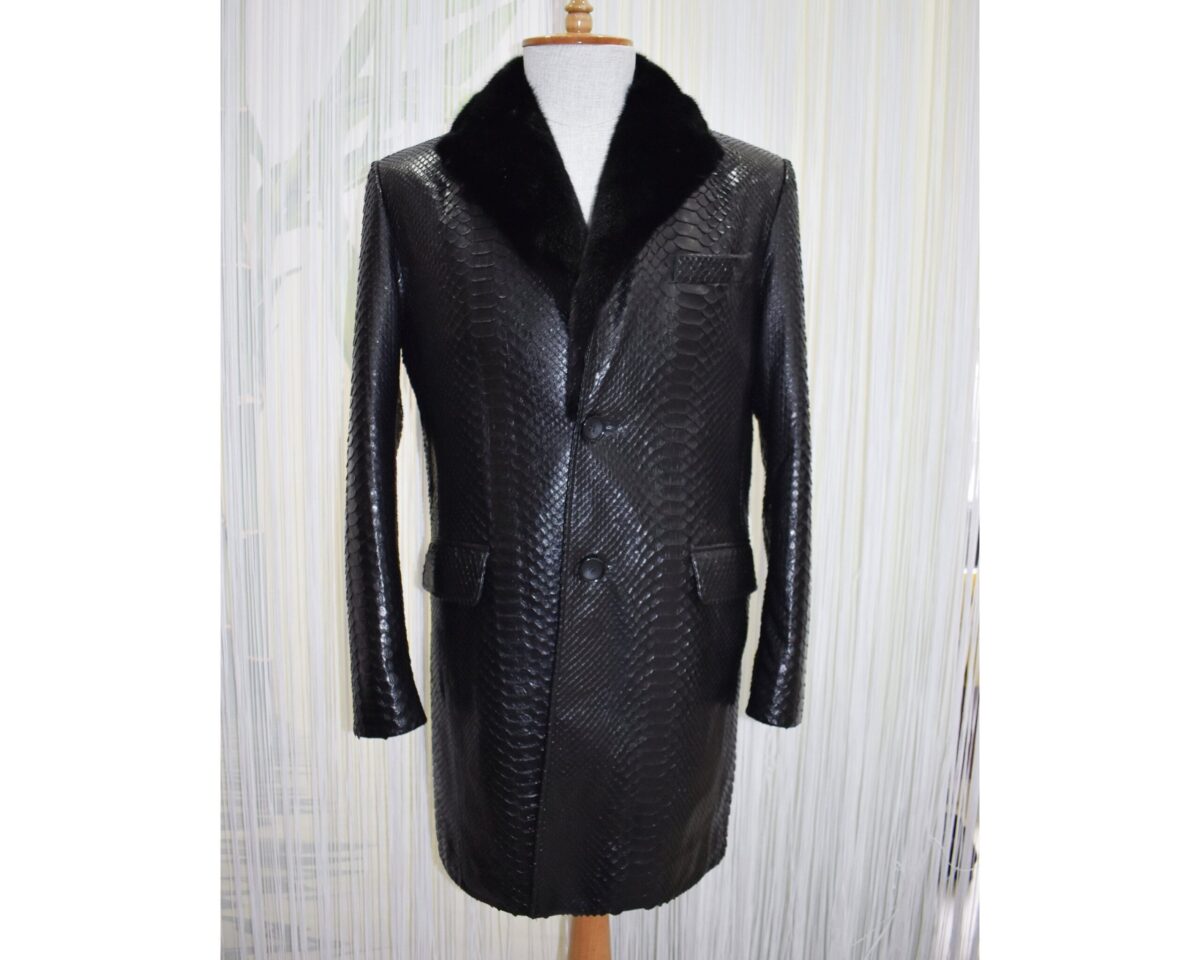 695e59cd59f447123fa4f9b6.jpg Genuine Python Leather Coat: Men's Black Navy Blue Mink Fur Collar