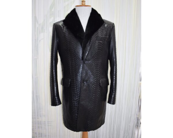 Genuine Python Leather Coat: Men's Black Navy Blue Mink Fur Collar
