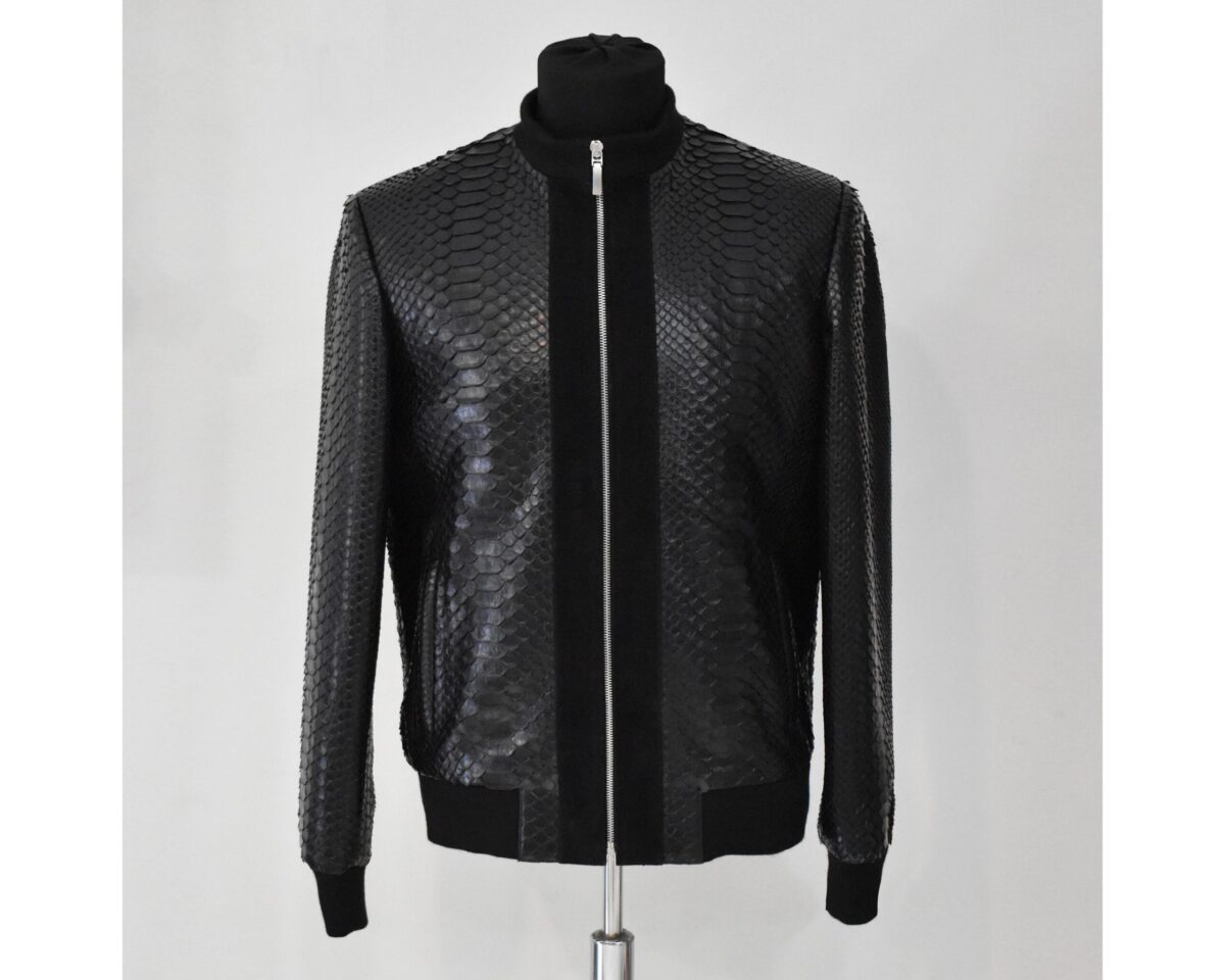 Men's Black Python Leather Suede Trim Exotic Snake Skin Luxury Handmade Jacket