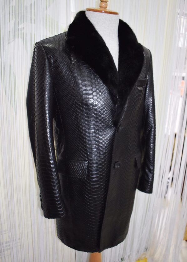 Genuine Python Leather Coat: Men's Black Navy Blue Mink Fur Collar