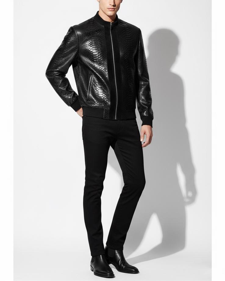 Men's Black Python Leather Suede Trim Exotic Snake Skin Luxury Handmade Jacket