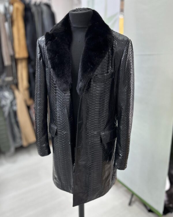 Genuine Python Leather Coat: Men's Black Navy Blue Mink Fur Collar