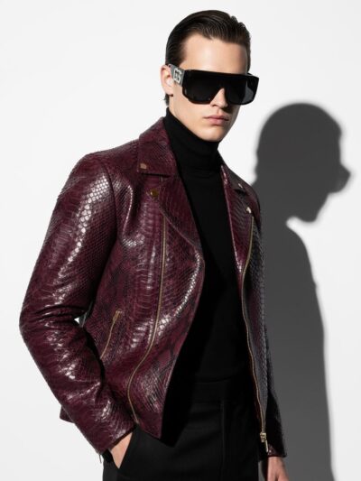 Bordeaux Python Leather Burgundy Exotic Snake Skin Men's Luxury Bespoke Motorcycle Biker Jacket