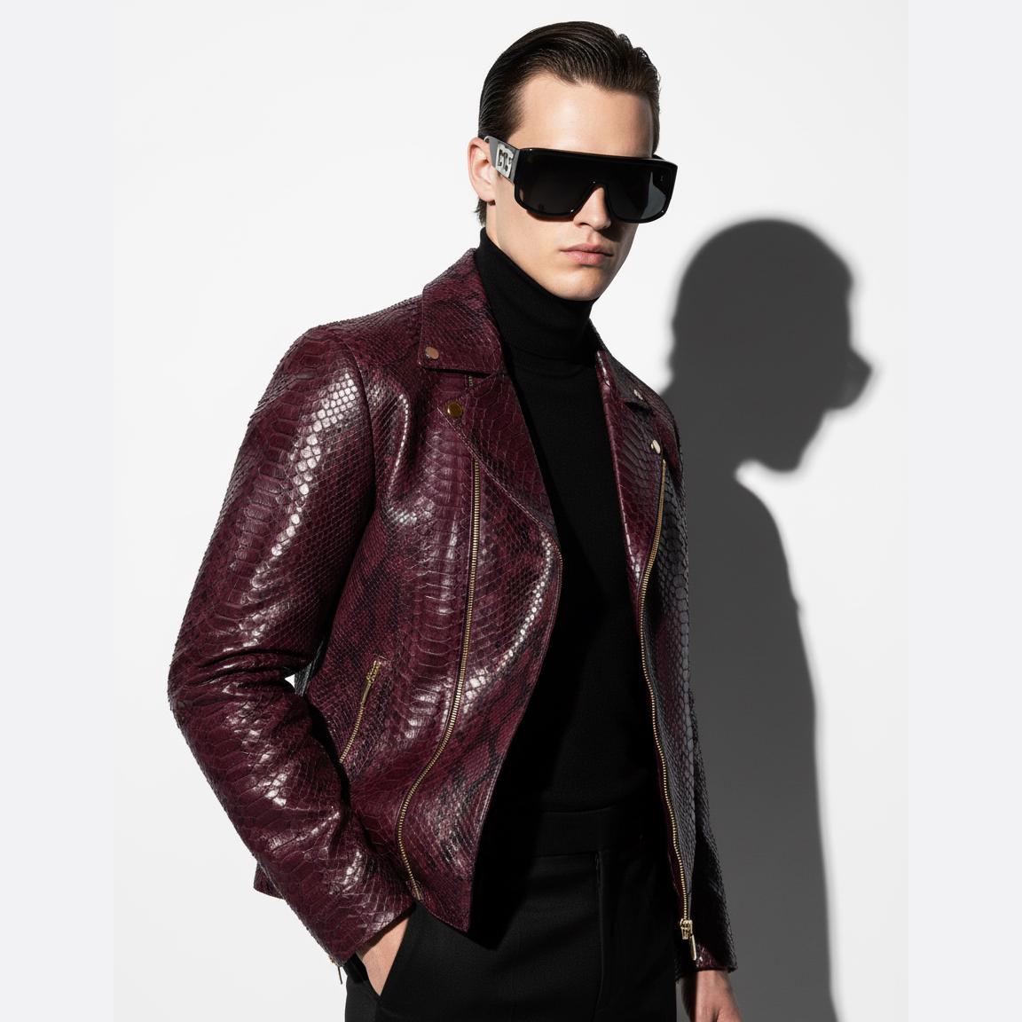 695e59d859f447123fa50b03.jpg Bordeaux Python Leather Burgundy Exotic Snake Skin Men's Luxury Bespoke Motorcycle Biker Jacket