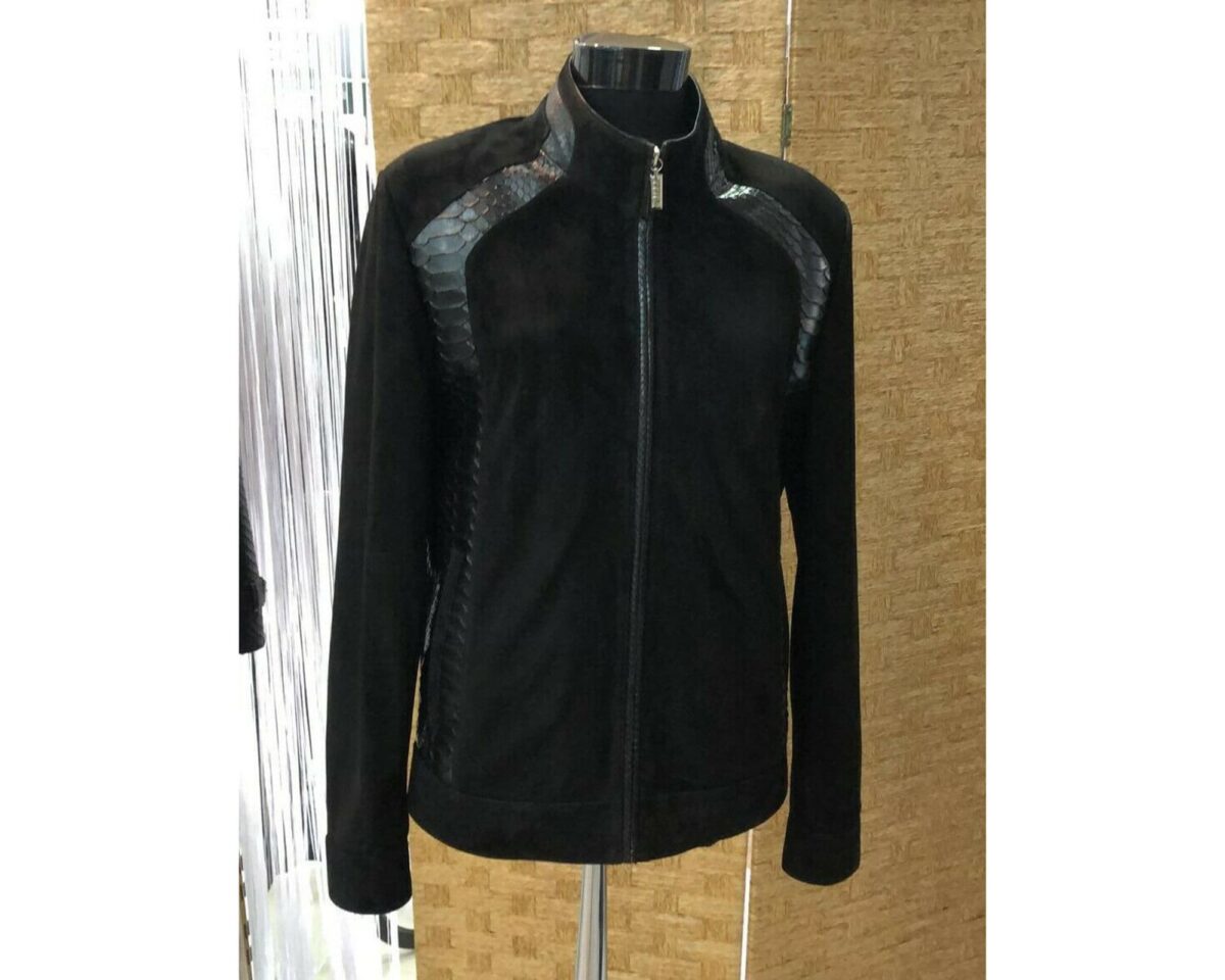 Genuine Python Leather Trim Suede Black Men's Bespoke Jacket