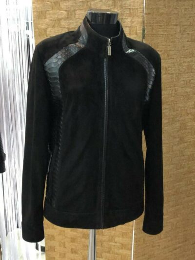 Genuine Python Leather Trim Suede Black Men's Bespoke Jacket