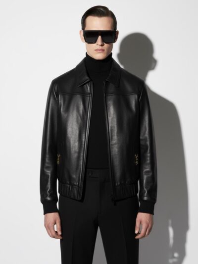 Horsebit Men's Italian Lambskin Black Genuine Leather Bomber Jacket