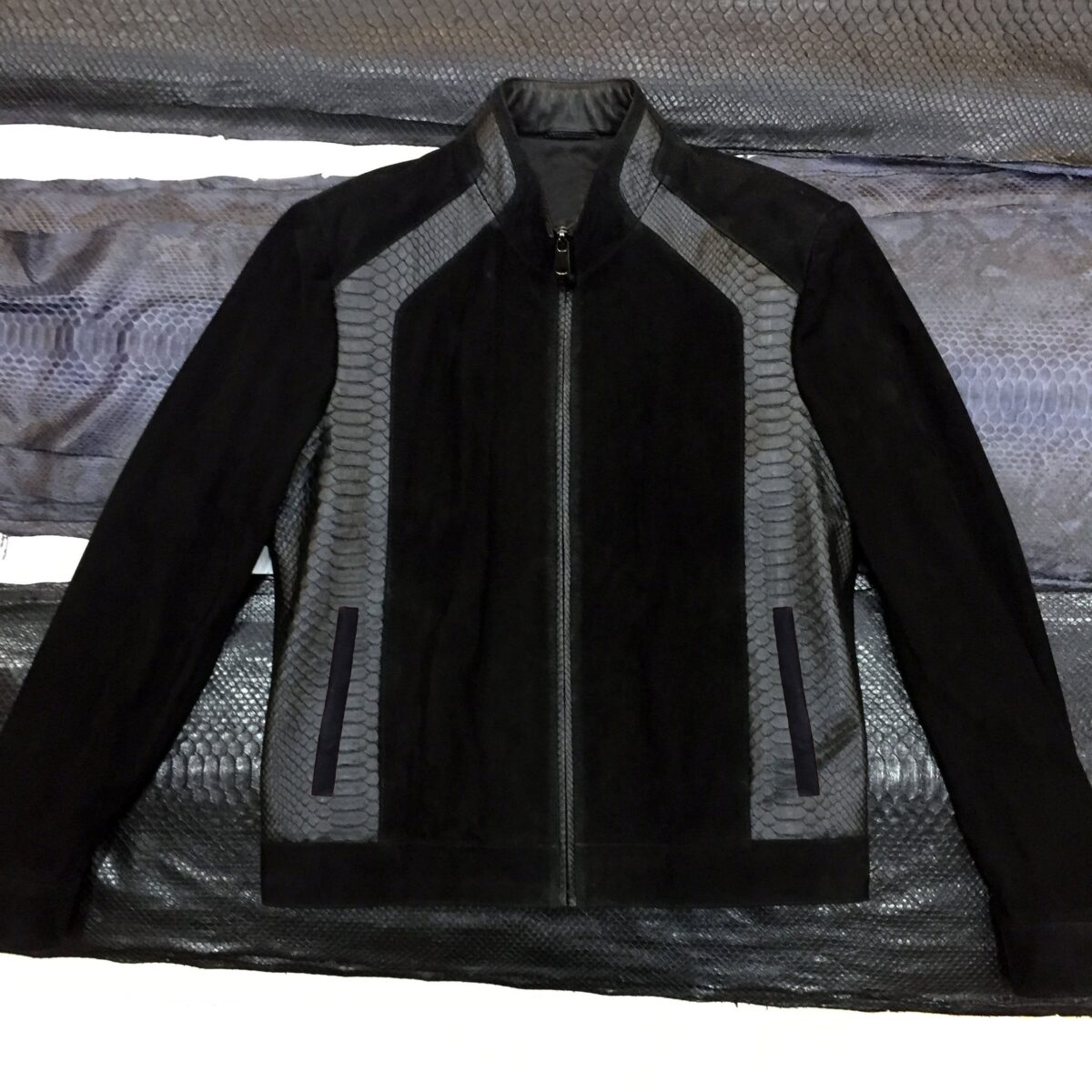 Genuine Python Leather Trim Suede Black Men's Bespoke Jacket