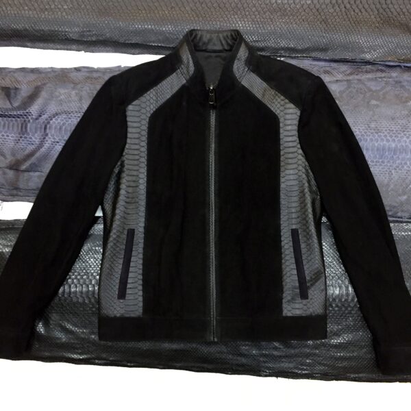 Genuine Python Leather Trim Suede Black Men's Bespoke Jacket