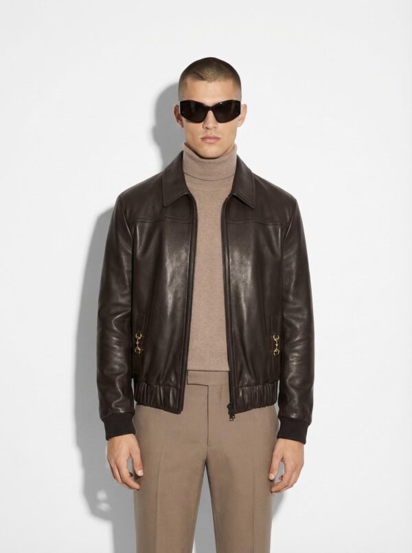 Horsebit Men's Italian Lambskin Black Genuine Leather Bomber Jacket