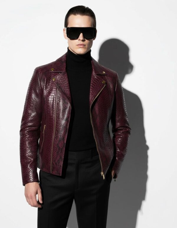 Bordeaux Python Leather Burgundy Exotic Snake Skin Men's Luxury Bespoke Motorcycle Biker Jacket