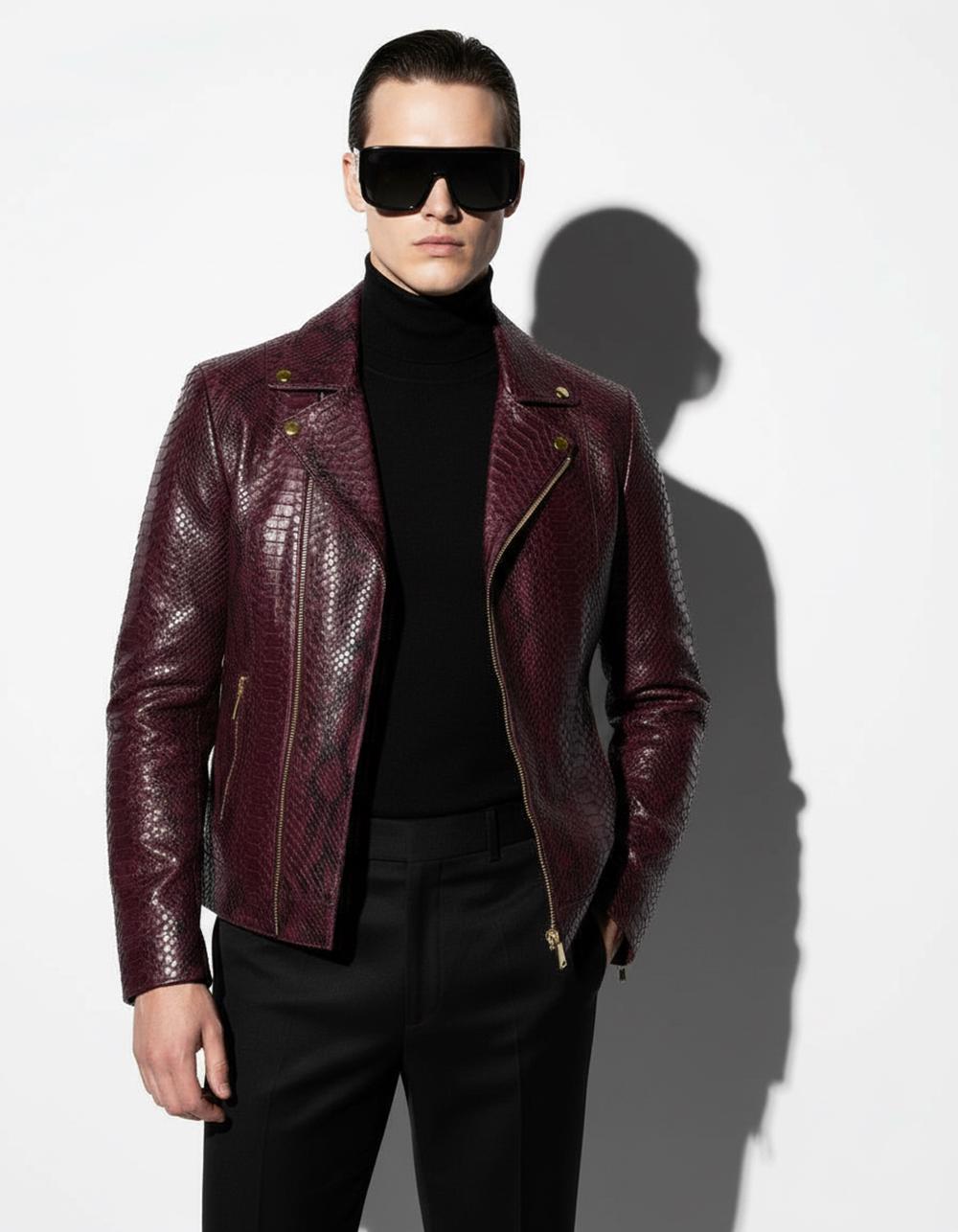 695e59d959f447123fa50cfe.jpg Bordeaux Python Leather Burgundy Exotic Snake Skin Men's Luxury Bespoke Motorcycle Biker Jacket