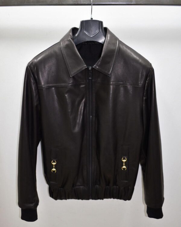 Horsebit Men's Italian Lambskin Black Genuine Leather Bomber Jacket