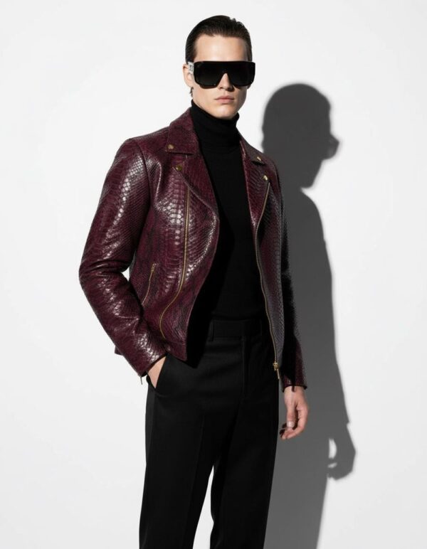 Bordeaux Python Leather Burgundy Exotic Snake Skin Men's Luxury Bespoke Motorcycle Biker Jacket