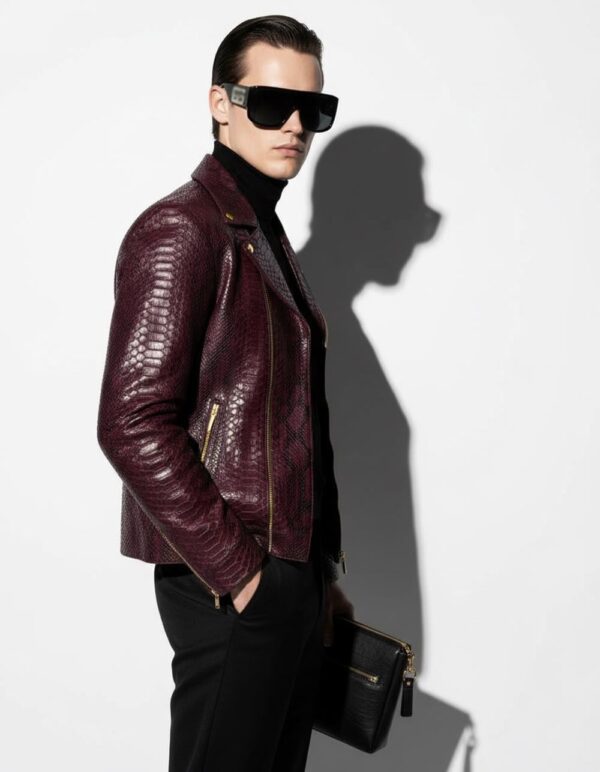 Bordeaux Python Leather Burgundy Exotic Snake Skin Men's Luxury Bespoke Motorcycle Biker Jacket