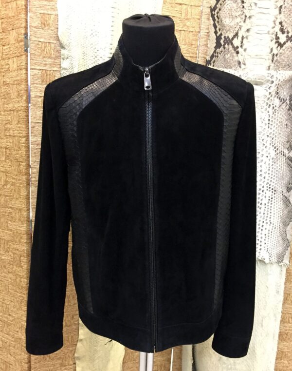 Genuine Python Leather Trim Suede Black Men's Bespoke Jacket