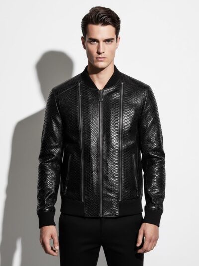 Men's Genuine Python Leather Made To Measure Handmade Black Bomber Jacket