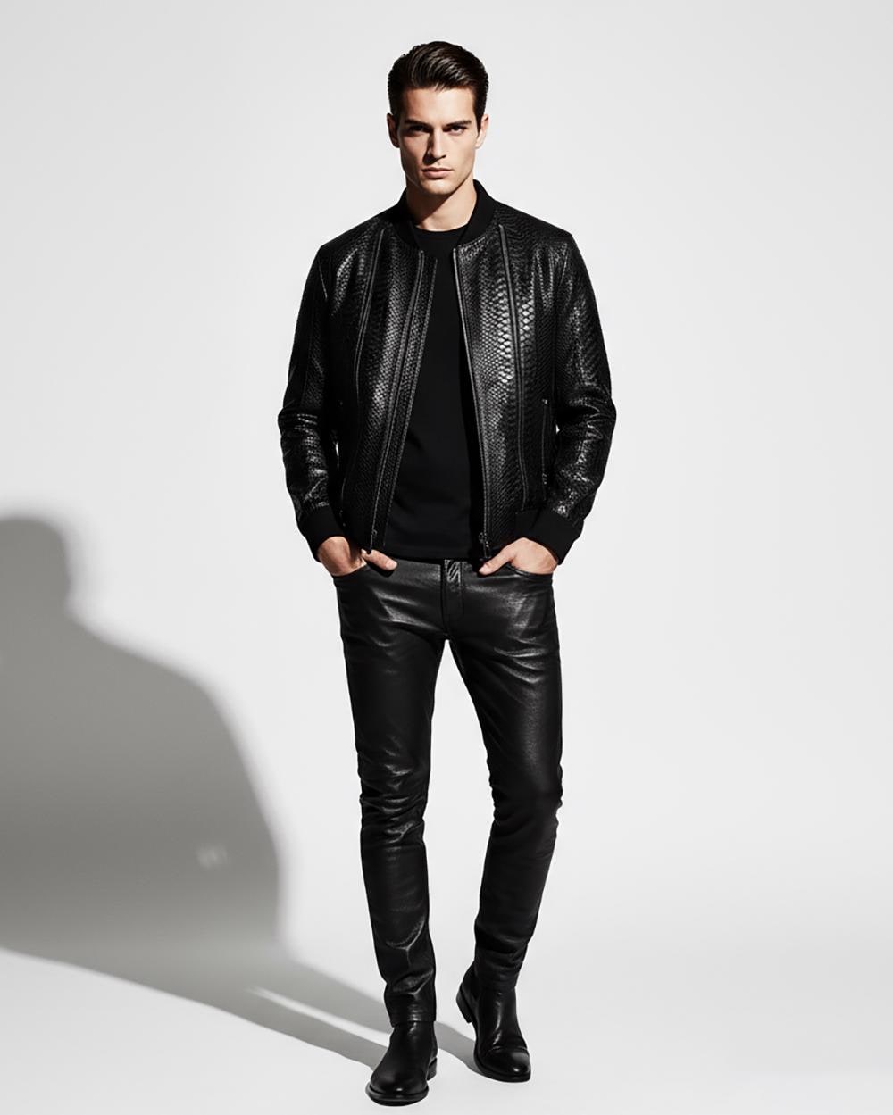 Men's Genuine Python Leather Made To Measure Handmade Black Bomber Jacket