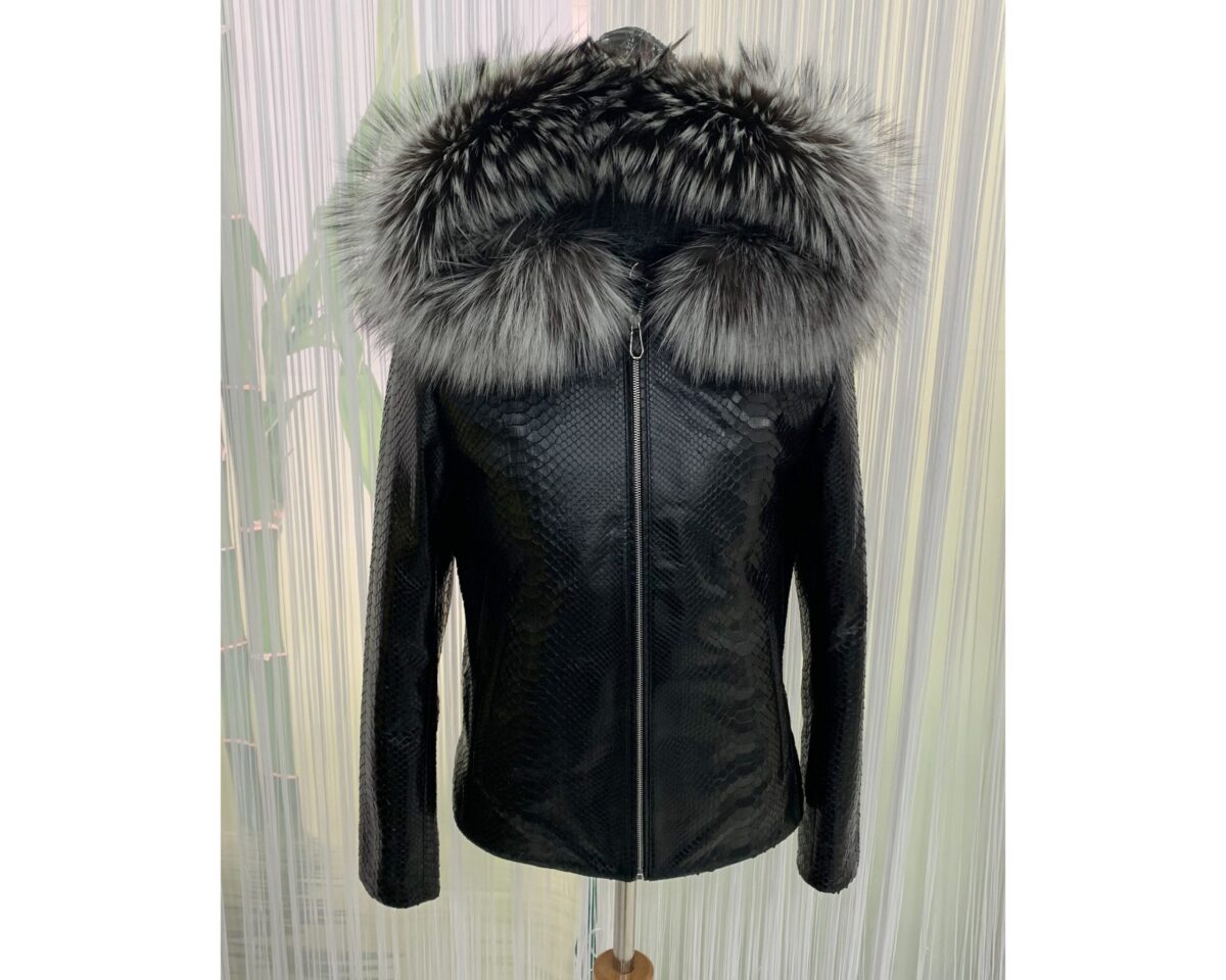 Genuine Python Leather Removable Real Fox Fur Hooded Handmade Jacket For Men