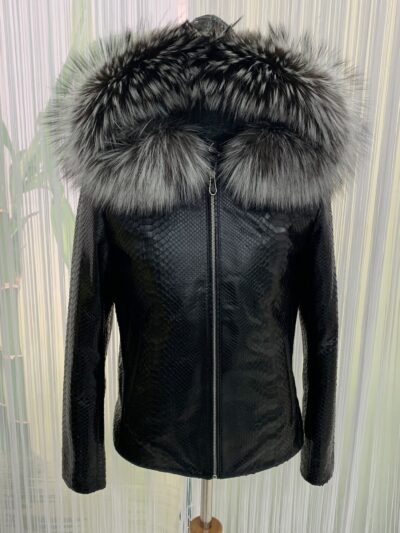 Genuine Python Leather Removable Real Fox Fur Hooded Handmade Jacket For Men